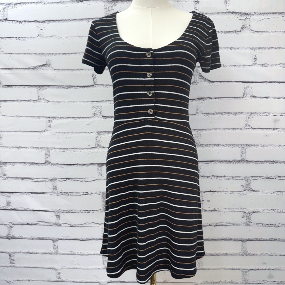 Aeropostale Seriously Soft Striped Ribbed Skater Dress Black Tan White Medium